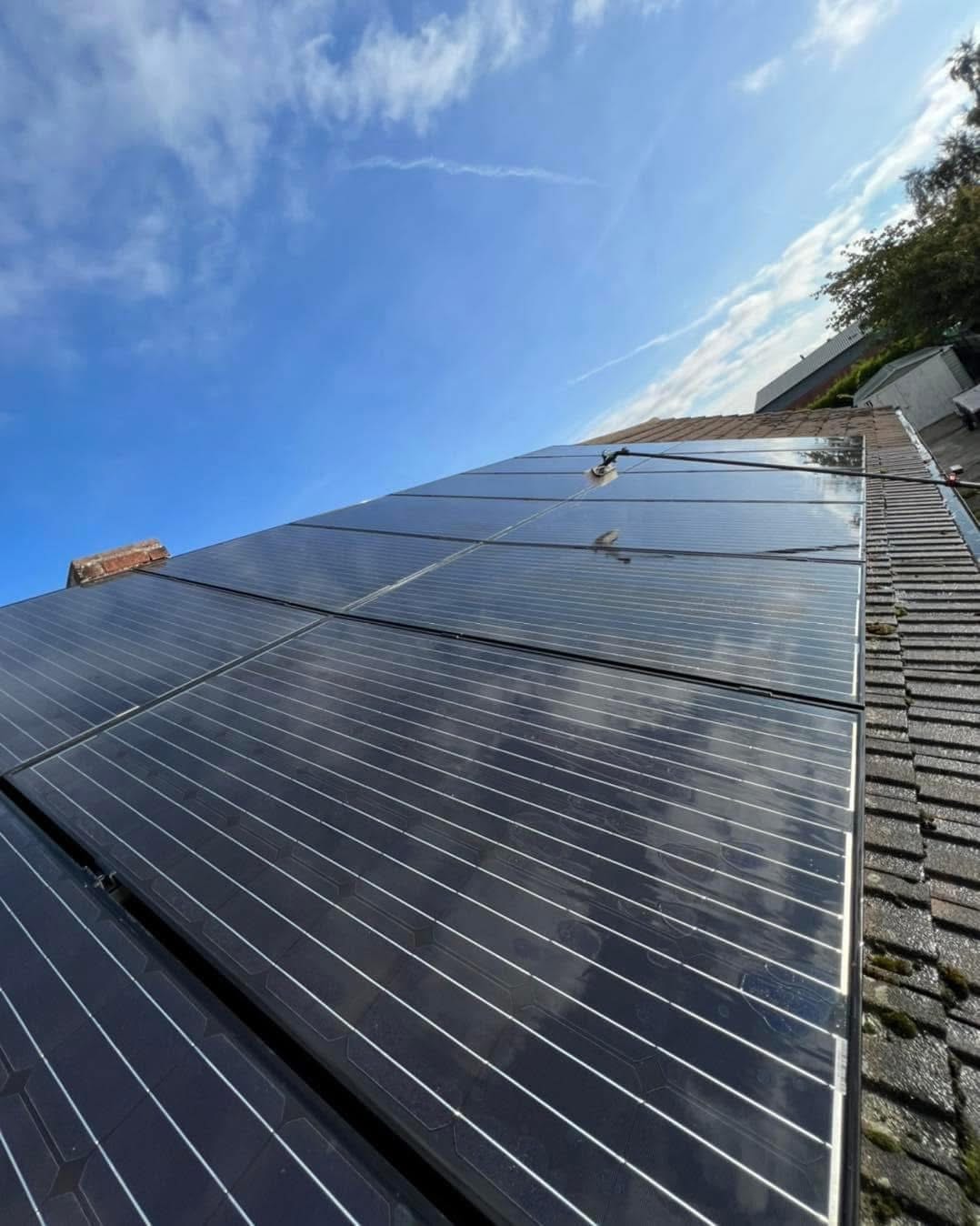 Freshly cleaned solar panels gleaming on residential roof in Lincolnshire — water-fed pole purified water clean